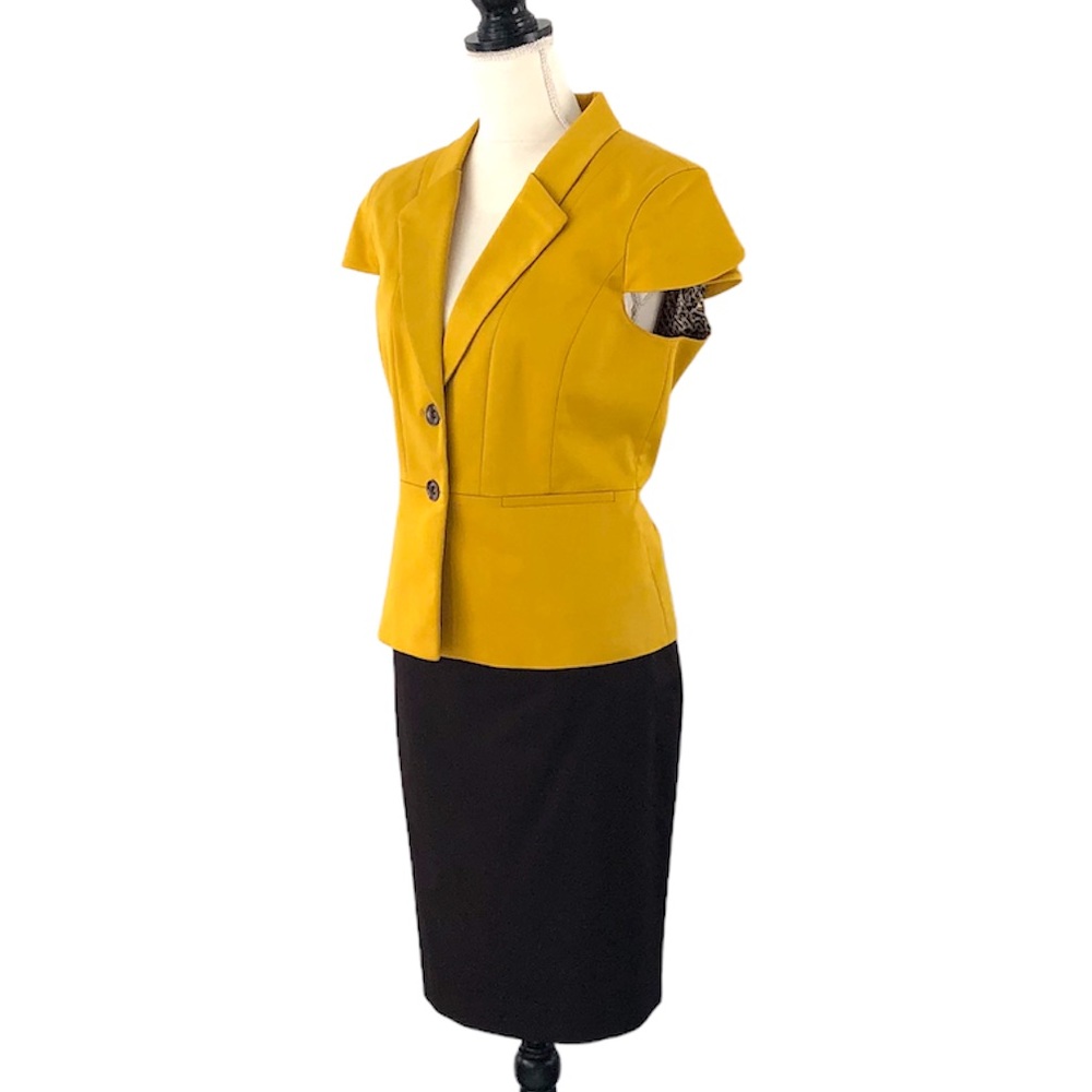Tahari ASL Women’s Two Piece Gold and Dark Brown Cap Sleeve Skirt Suit Size 14P - Picture 3 of 16